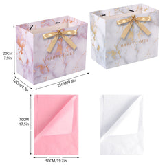 HuaJiao 2 Pack Gift Bags, Medium Paper Present Bags with 2 Tissue Paper and Bow Ribbon for Birthday Valentines Day Mothers Day Wedding Blue Pink (25 X 20 X 12 cm)