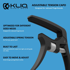 KLIQ K-PO Guitar Capo for 6 String Acoustic and Electric Guitars - Spring Loaded Trigger Style (Black Adjustable)