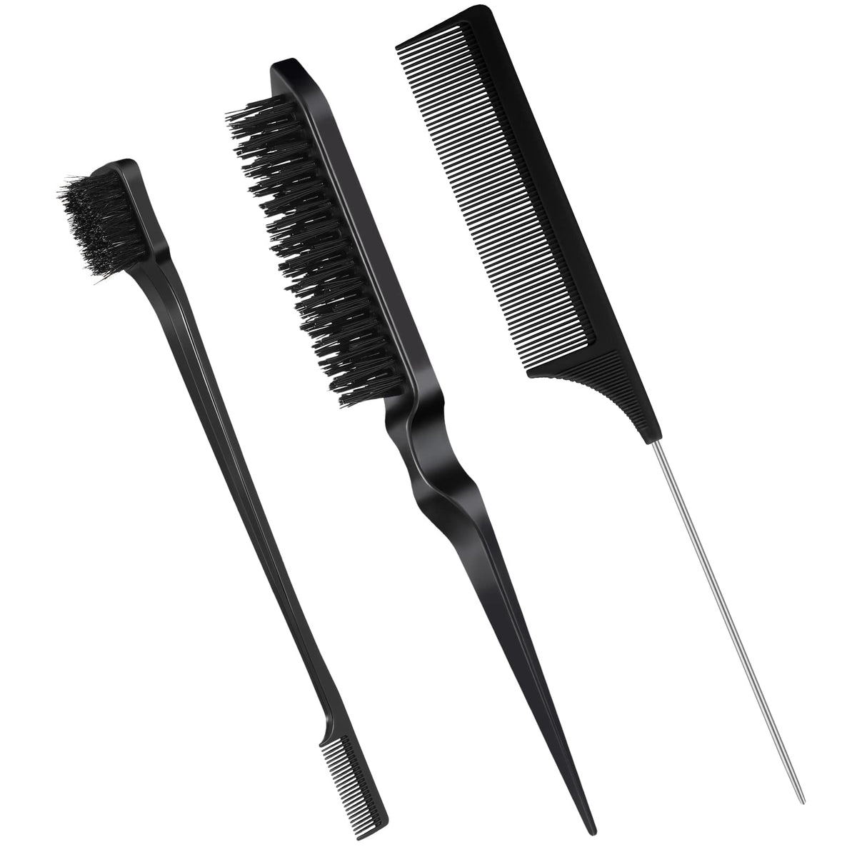 Fuyamp 3 Packs Slick Brush Set Teasing Brush Set, Plastic Bristle Hair Brush Teasing Comb Edge Hair Brush Grooming Combs Sturdy Rat Tail Comb Double Sided Edge Brush for Women Hair Salon Hair Slicking