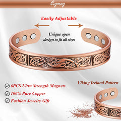 Cigmag Copper Magnetic Bracelets for Men Ultra Strength Magnet 99% Solid Pure Copper Cuff Bangles Adjustable Brazaletes with Gift Box for Father's Day & Birthday (Copper Viking Ireland Pattern)