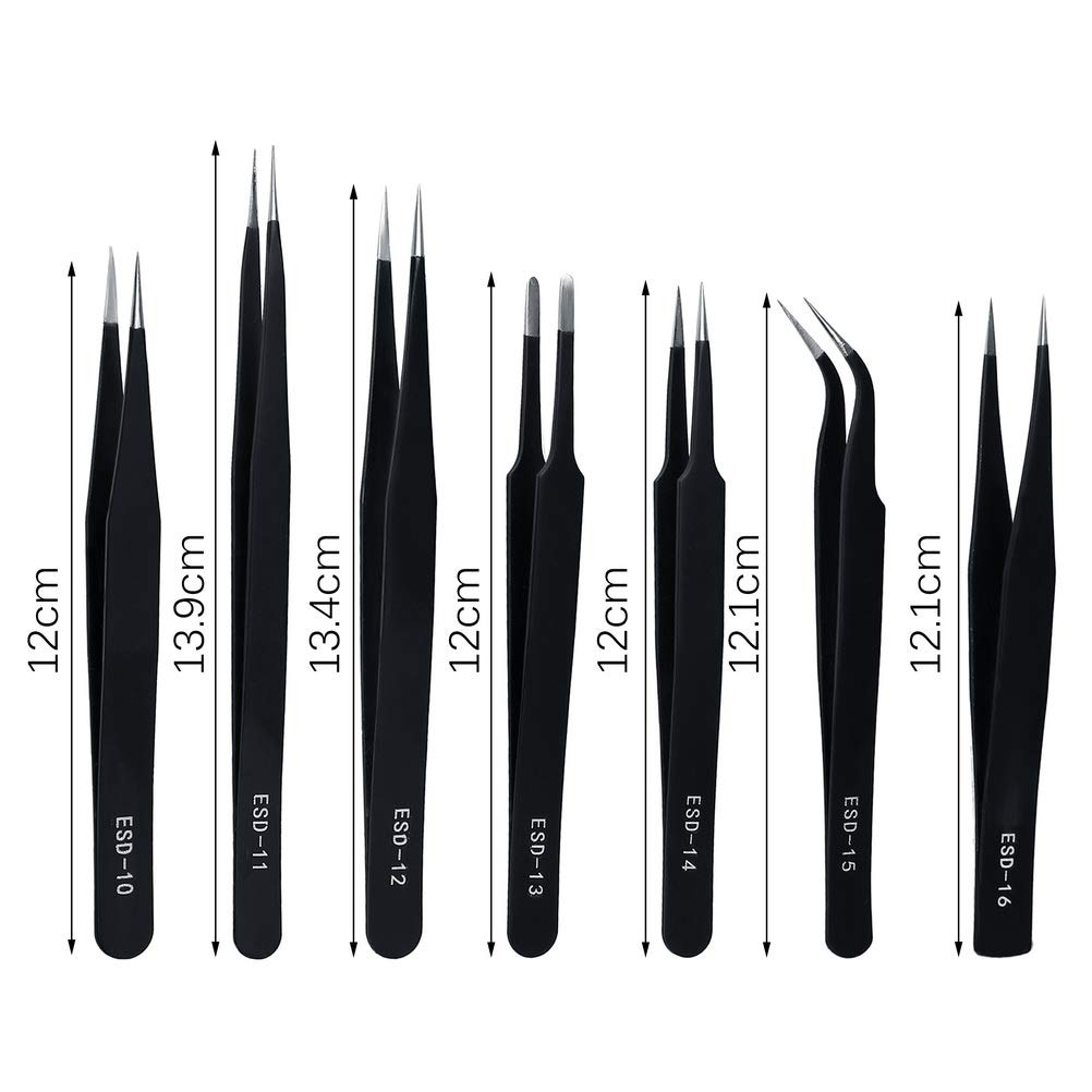 ZHIYE Precision ESD Anti-Static Tweezers, 7 pcs Stainless Steel Tweezers Set for Electronics, Jewelry-making, Laboratory Work, Repairing, Hobbies