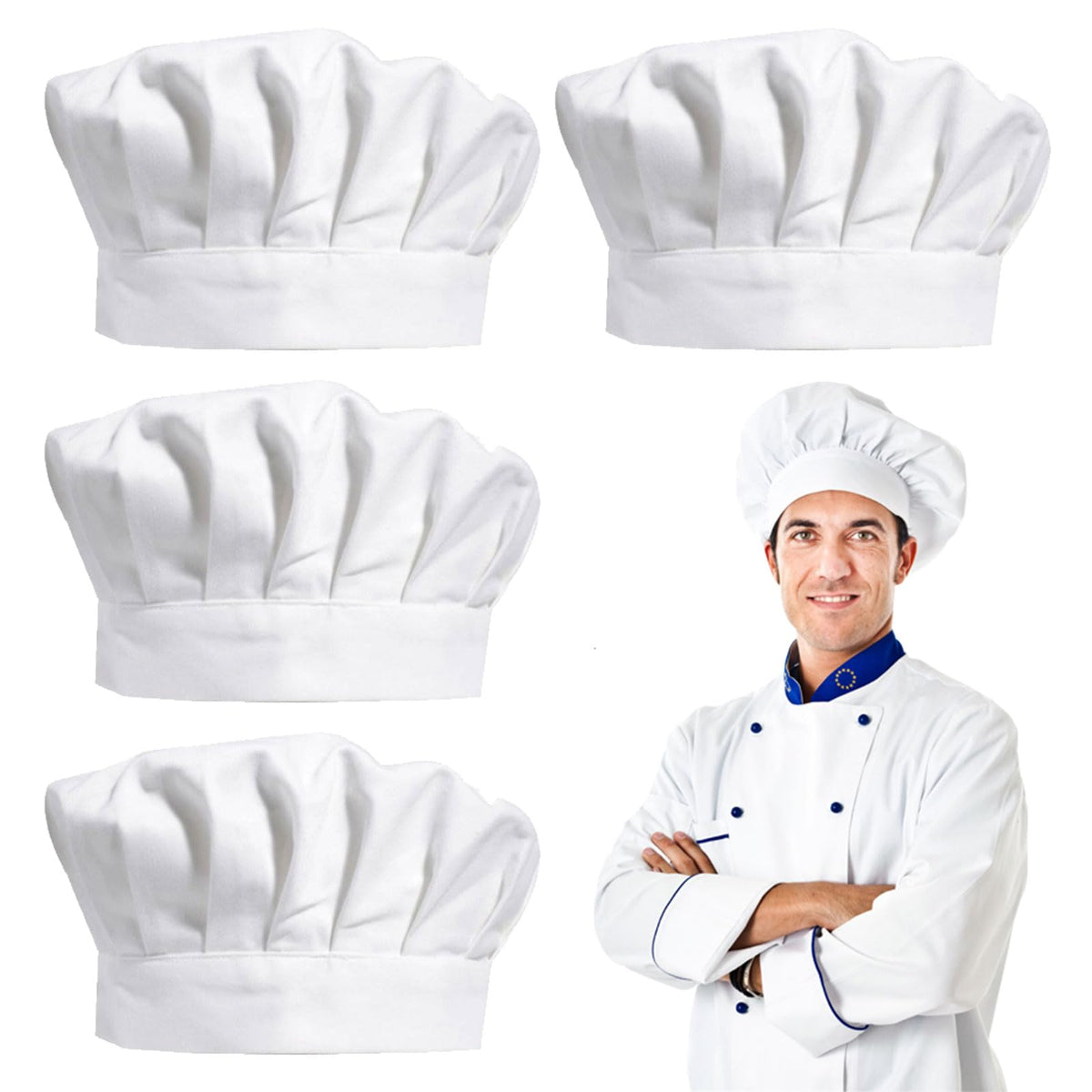 XNIVUIS 4pcs Chef Hat Catering Hats Adjustable Elastic Kitchen Cooking Cap Cook Hat Dustproof Catering Work Hat for Home Cooking Canteen Restaurant White for Men Women (Cotton, white)