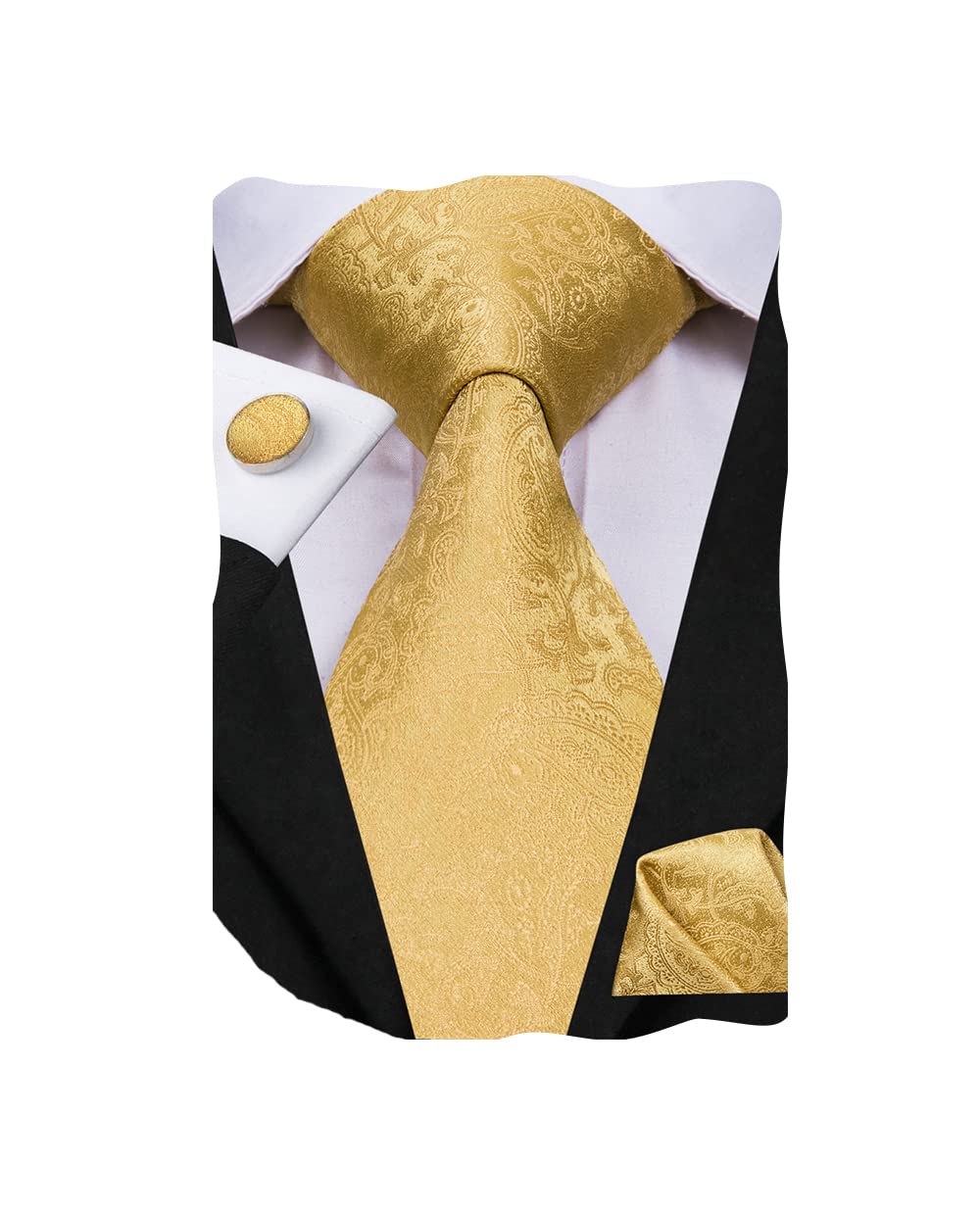 Dubulle Gold Extra Long 63inch Tie Paisley Set for Men Floral Necktie Handkerchief Cufflinks Party