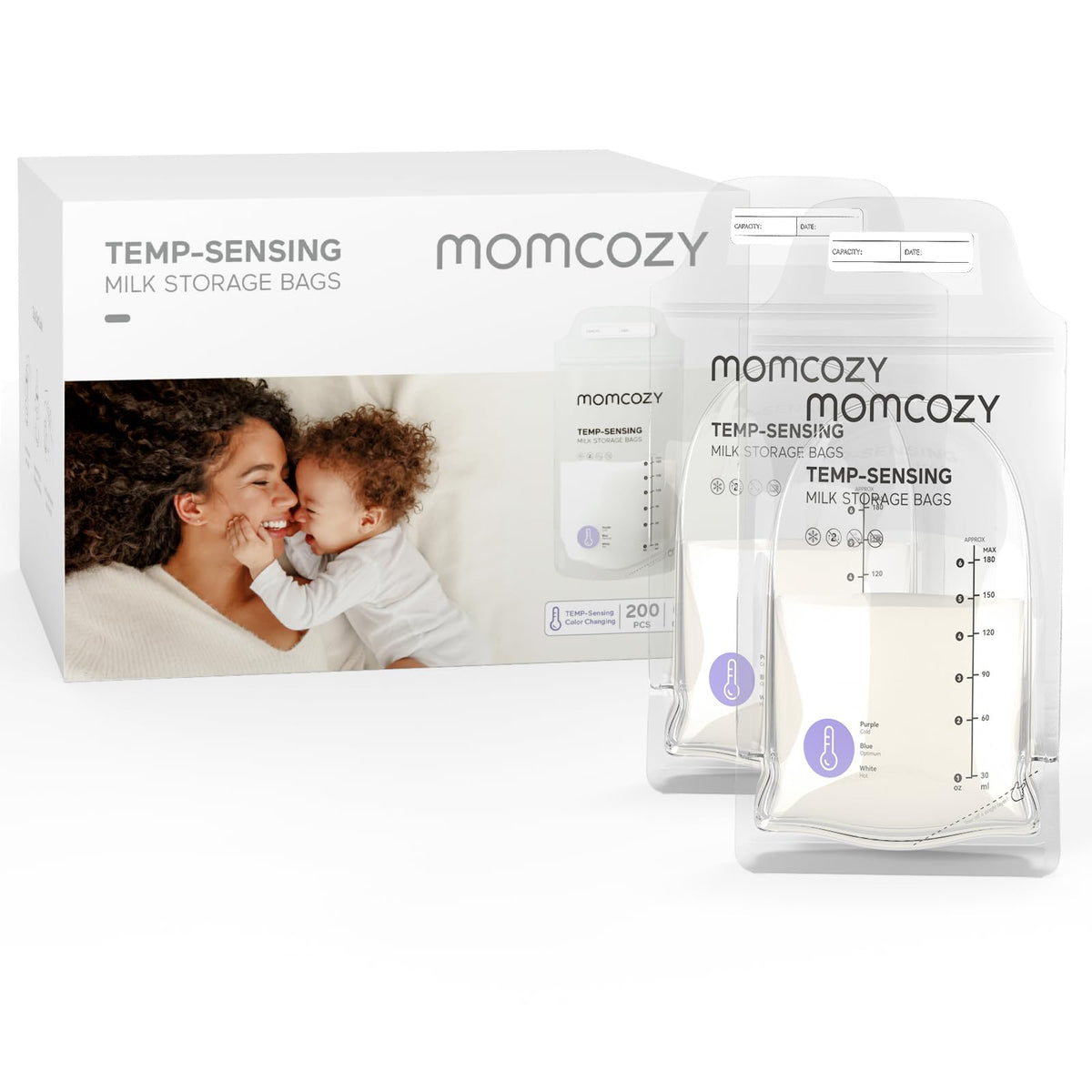 Momcozy Breastmilk Storage Bags, 200PCS Value Pack, Temp-Sensing Discoloration Milk Storing Bags for Breastfeeding, Presterilized, Hygienically Doubled-Sealing, for Freezing, 6 Ounce