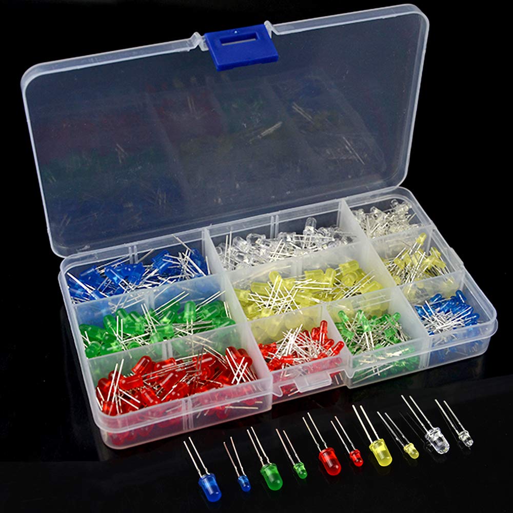 BGTXINGI 500PCS 10 Values 5 Colors 3mm and 5mm LED Light Emitting Diodes Assorted Kit Electrical Components for Lighting Bulbs and Lamps(Red Yellow Blue Green White)