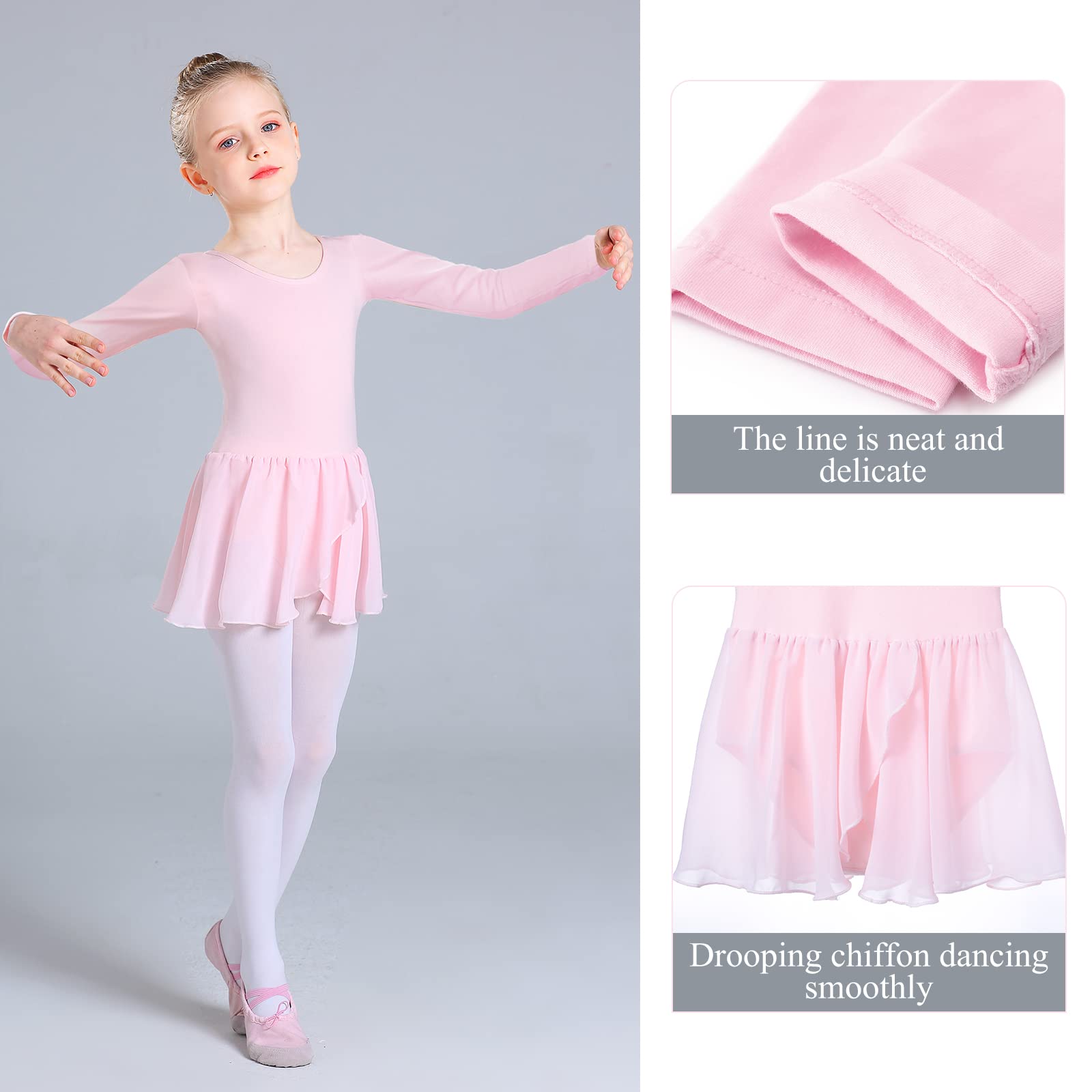 Ballet Leotard for Girls Long Sleeve Cross Straps Ballet Dress Kids Cotton Ballet Outfit Gymnastics Leotard with Chiffon Skirt Suit for 2-11 Years (Pink (Long Sleeve), 140 (130-140cm,7-9 Years))