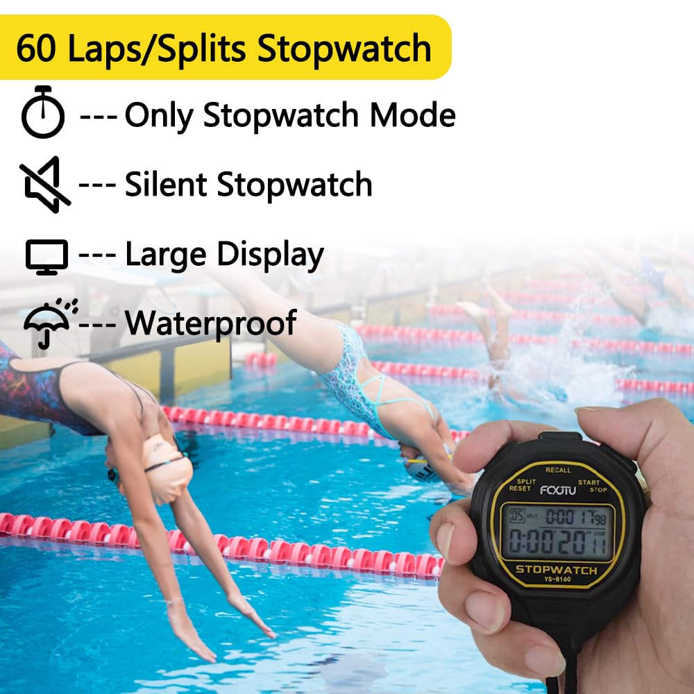 FCXJTU Digital Waterproof Stopwatch, 60Laps Split Memory Stopwatch, No Clock, No Calendar, No Alarm, Simple Silent Large Display Stop Watch for Sports Swimming Training Coaches (Yellow)