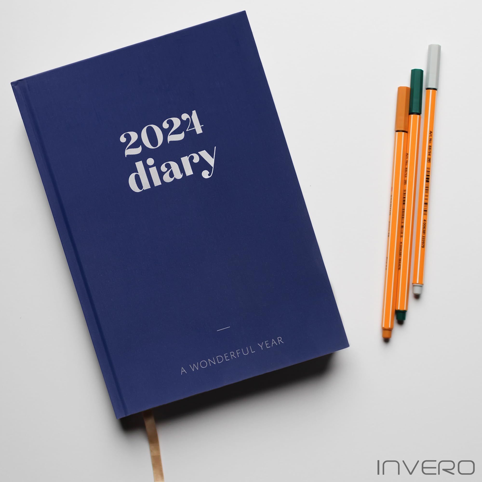 Invero 2024 Week To View Diary A5 Hardback Diary - Jan 2024 to Dec 2024 Planner Organizer Calendar with Hour Intervals & Worldwide Travel and Metric Information - Blue