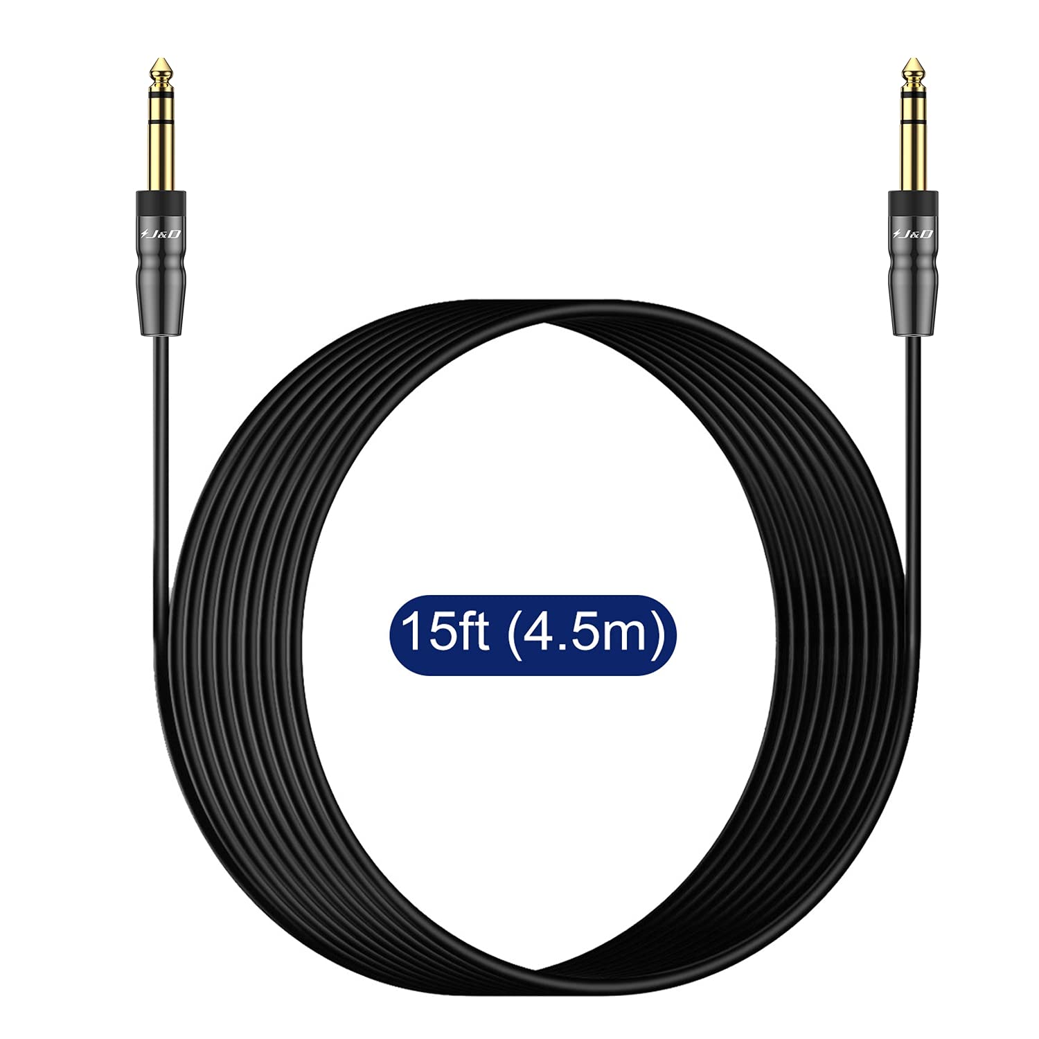 J&D 1/4 inch TRS Instrument Cable, Gold Plated Copper Shell 6.35mm 1/4 inch TRS Male to 6.35mm 1/4 inch TRS Male Stereo Cable, 4.5 Meter