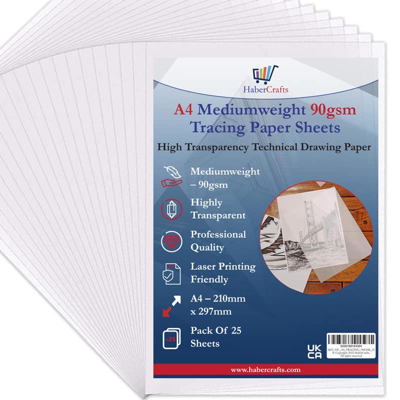 A4 90gsm Tracing Paper Sheets Printable Tracing Paper Acid Free High Transparency Technical Drawing Paper for Drawing Sketching Dressmaking 210 X 297mm (A4 Size - 90gsm Mediumweight - 25 Sheets)