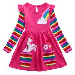 SFreeBo Rainbow Dress for Girls 6-7 Years Cotton Long Sleeve T-Shirt Dress Kids Unicorn Party Dresses with Large Stripe Pockets