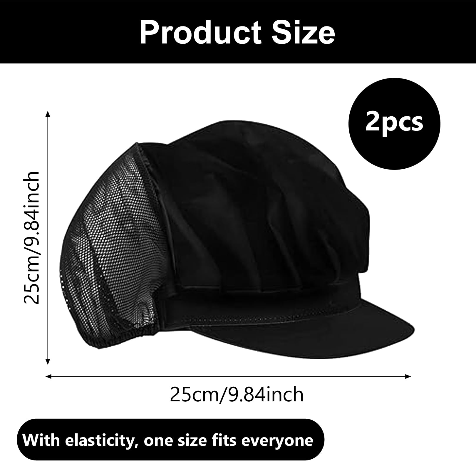 2pcs Half Mesh Half Cloth Catering Hats,Unisex Food Service Caps,Adjustable Cooking Cap with Brim,Kitchen Baker Cooking Chef Cap Breathable,Waiter Cap with Elastic for Kitchen Restaurant (Black)