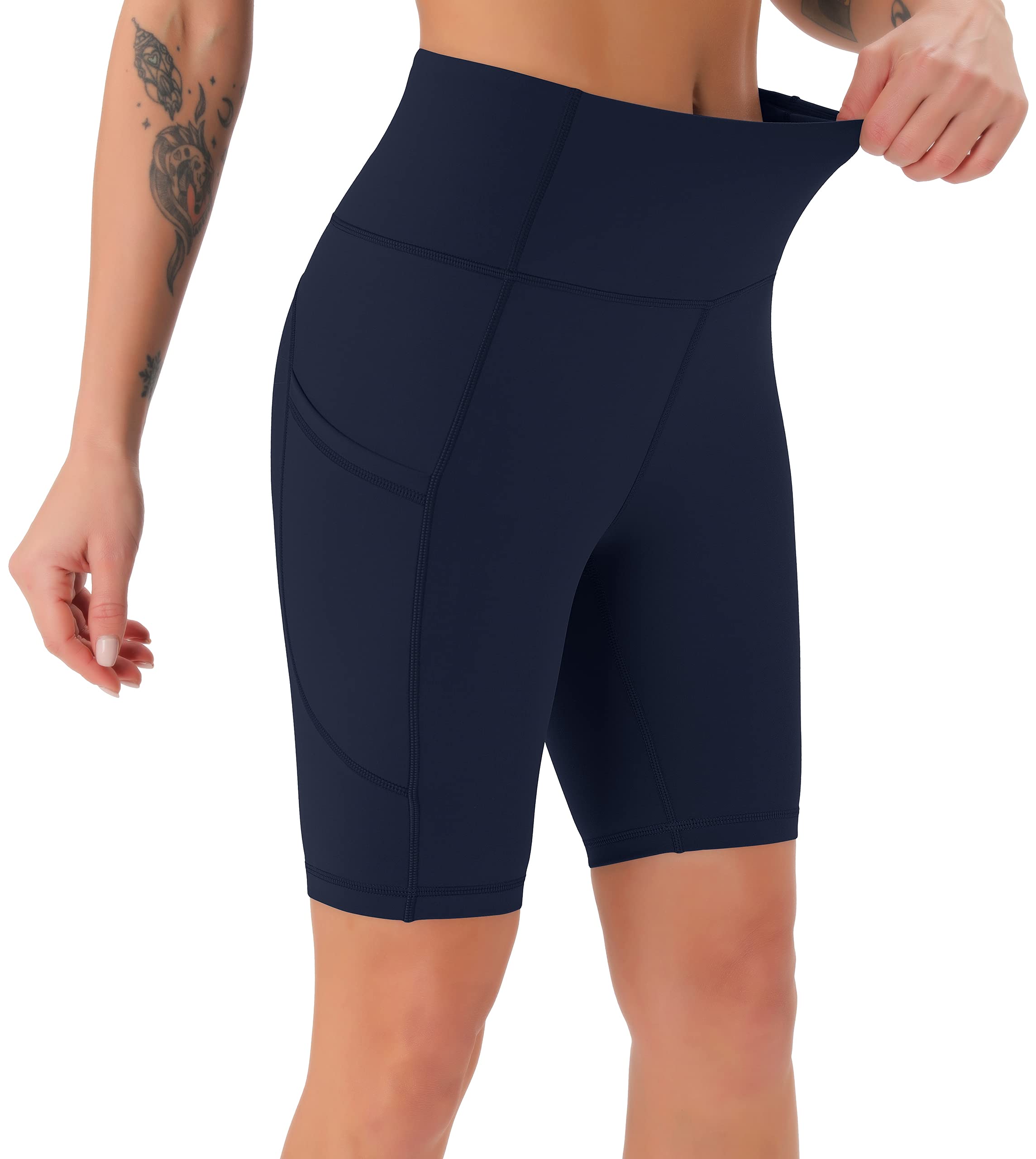 JOYSPELS Womens High Waisted Activewear Sports Shorts - Workout Gym Sports Running Shorts Yoga Cycling Shorts for Womens with Pockets - NavyBlue - S