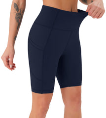 JOYSPELS Womens High Waisted Activewear Sports Shorts - Workout Gym Sports Running Shorts Yoga Cycling Shorts for Womens with Pockets - NavyBlue - L