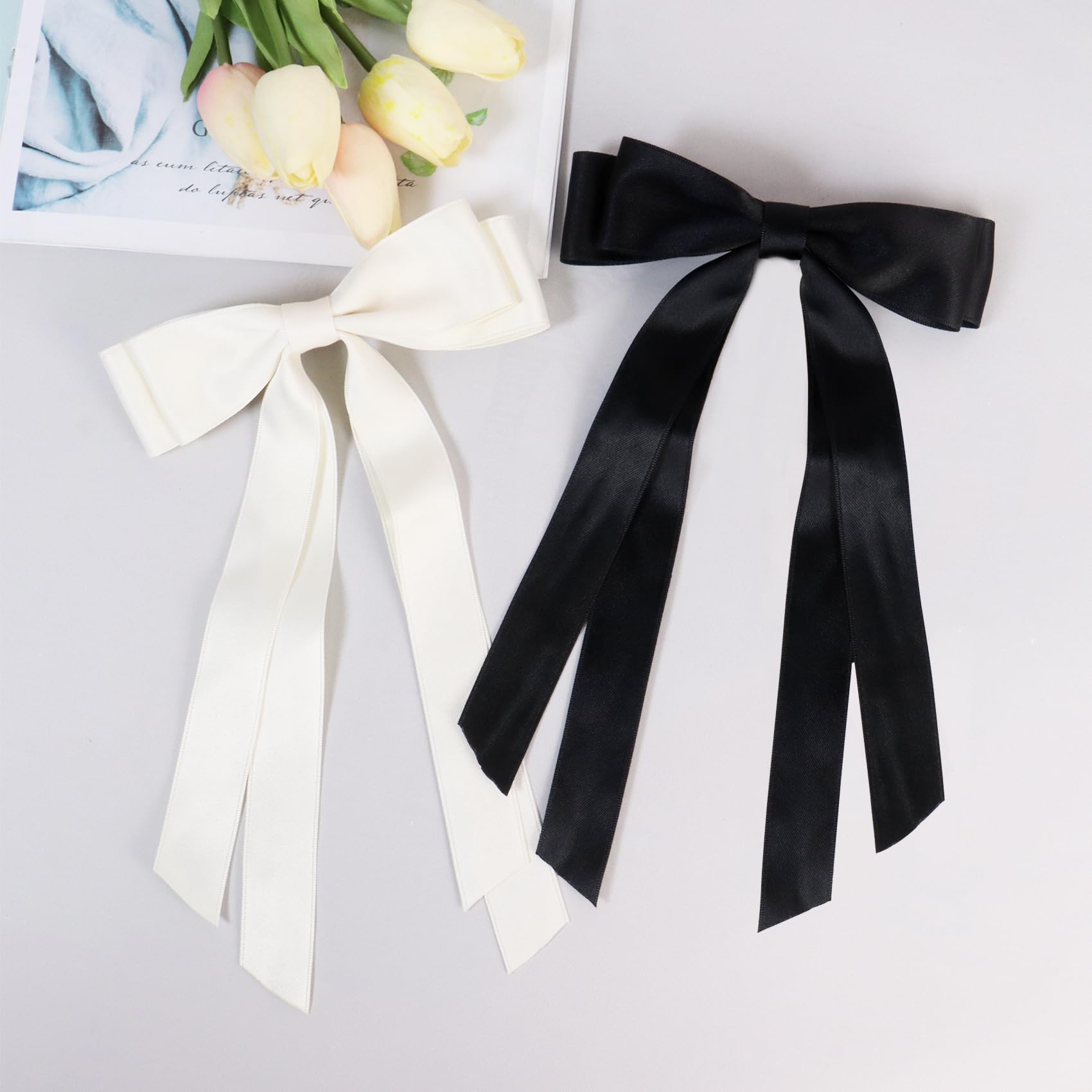 2 Pack Bow Hair Clips, Large Hair Bows for Girls and Women, Hair Barrette Hair Ribbon Bow Clips(Black, Beige)