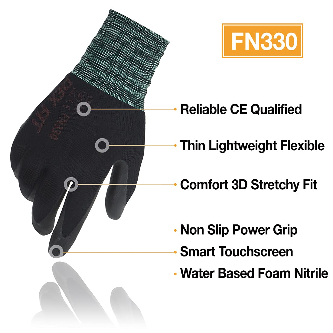 DEX FIT Nitrile Work Gloves FN330, 3D-Comfort Stretchy Fit, Firm Grip, Thin & Lightweight, Touch-Screen Compatible, Durable, Breathable & Cool, Machine Washable; Black 7 (S) 1 Pair