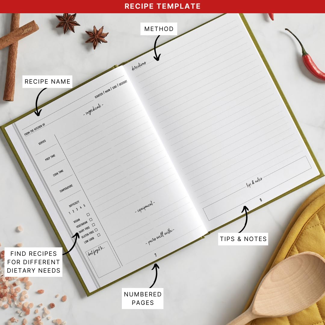 BYANIKA Recipe Book For Own Recipes   Create Your Own Cookbook Journal   Hardback Notebook   Blank Diary To Write In   Cooking Organiser Family Cook Books   Foodie Baking Kitchen Gifts (Olive Green)