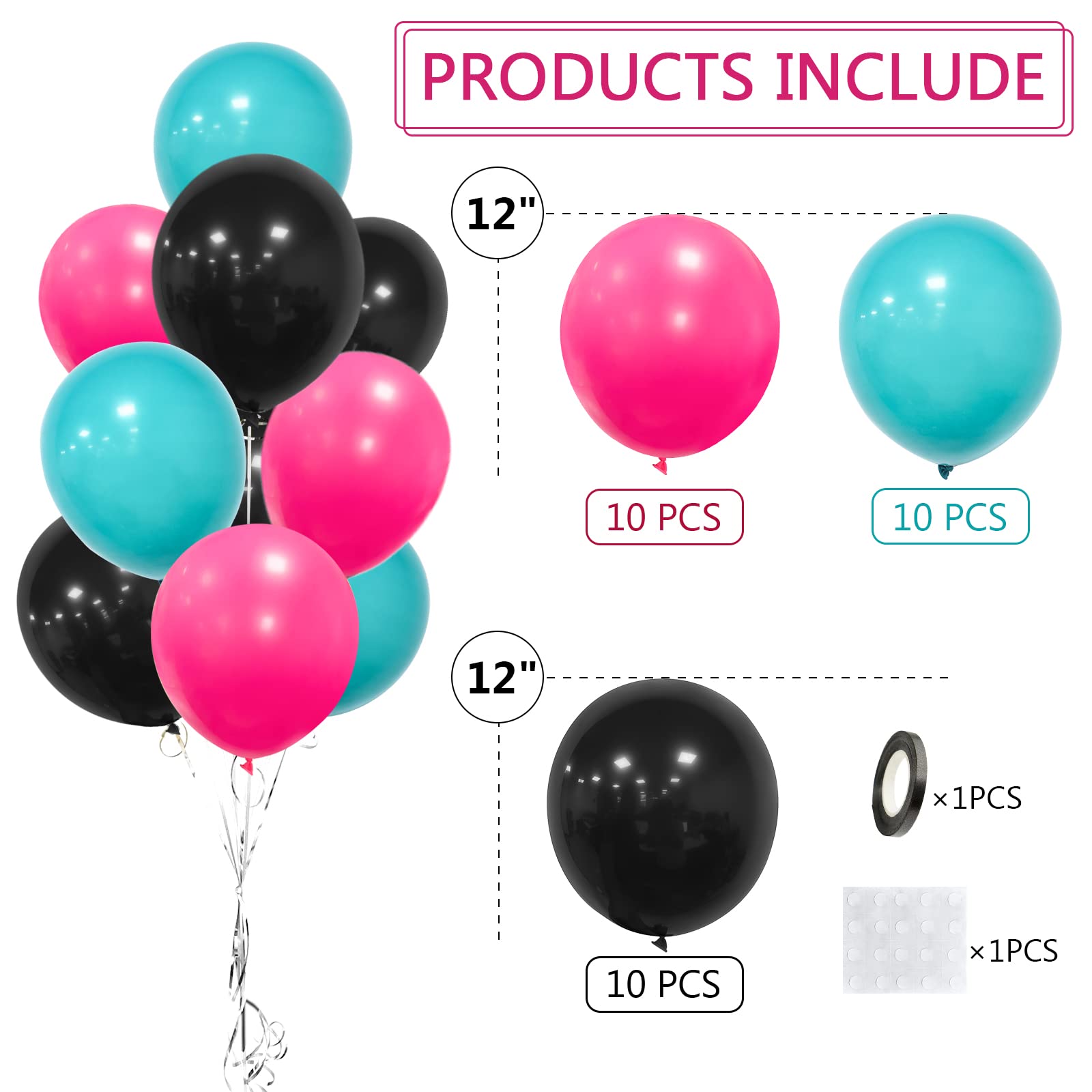 Music Theme Party Balloons, 30 Pack 12 Inch Hot Pink Teal Blue Black Balloon Throwback Helium Latex Balloons for Birthday 80s 90s Disco Music Party Hip Hop Rock and Roll Party Decorations