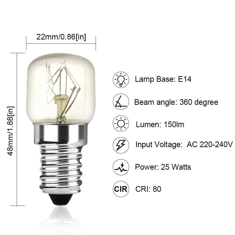 Klarlight 2 Pack Oven Bulb 25W E14 Incandescent Bulbs Dimmable Warm White 2400-2600K 300 Temperature Heat Resistant SES Small Edison Screw 360 Degree for Microwave, Fridge, Oven, Salt Lamp, Freezers