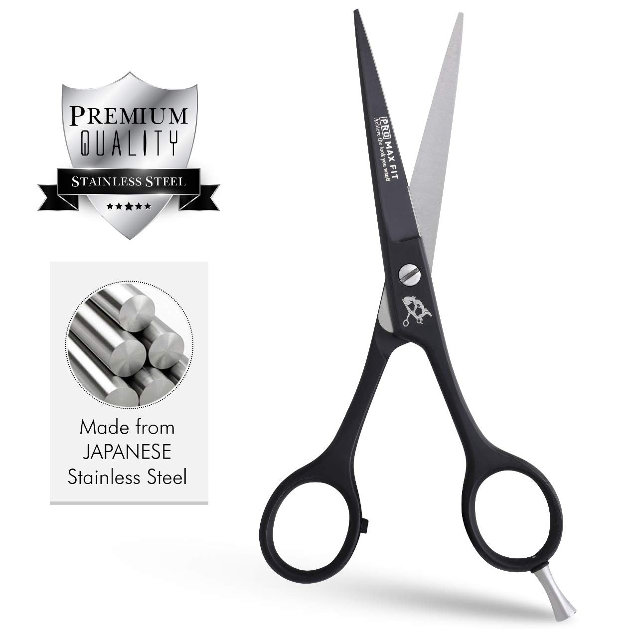 PromaxFit Hairdressing Scissors – Barber Scissors for Hair Cutting – Professional Hair Scissors with Adjustable Screws – Black Stainless Steel Hair Cutting Scissor – Hairdressing scizzors with Comb