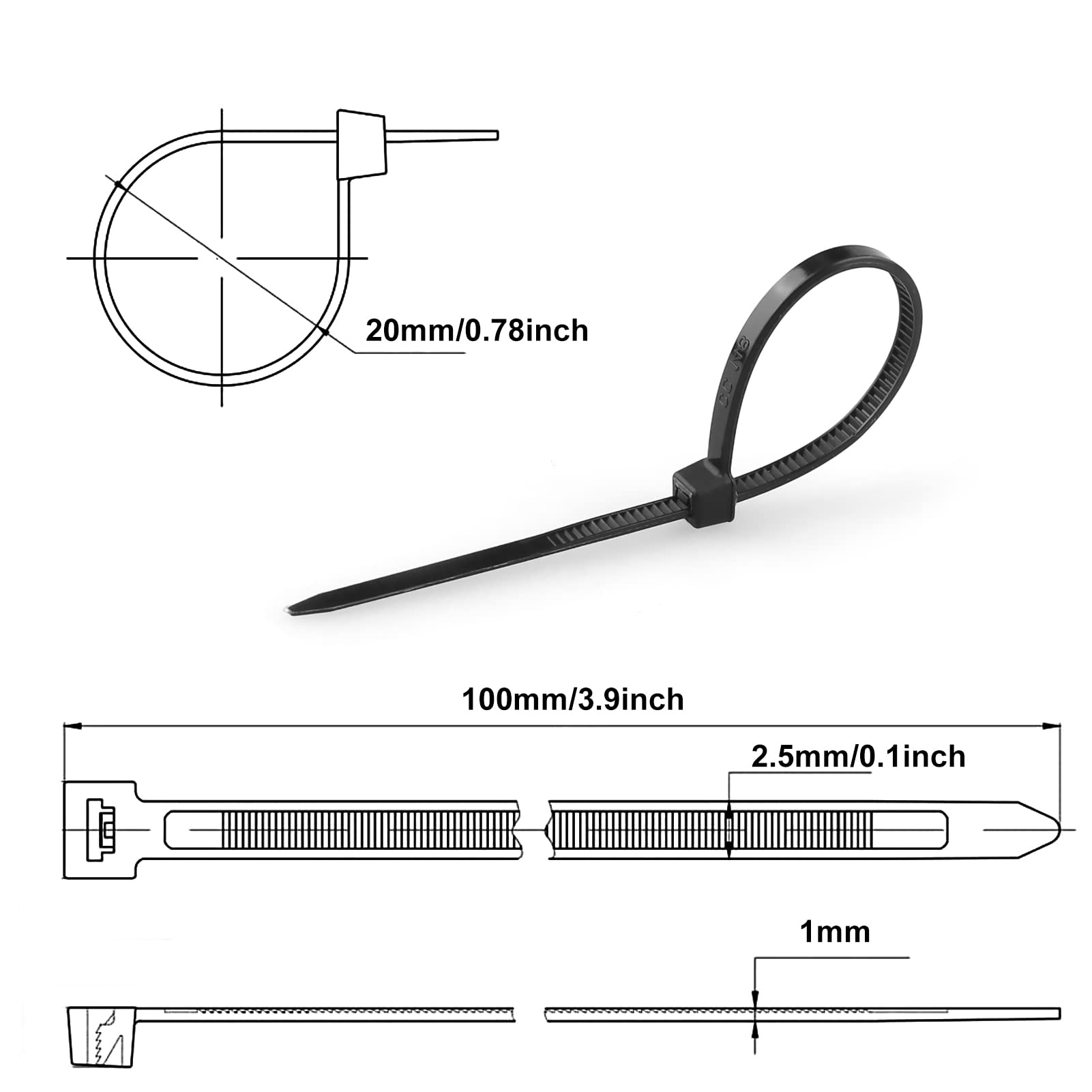 MEKEET Black Cable Ties 4 inch - 100mm x 2.5mm, Pack of 100, Small Nylon Zip Ties, Multi-Purpose Plastic Tie Wraps, Secure Self-Locking Mechanism, for Home, Garden, Office and DIY