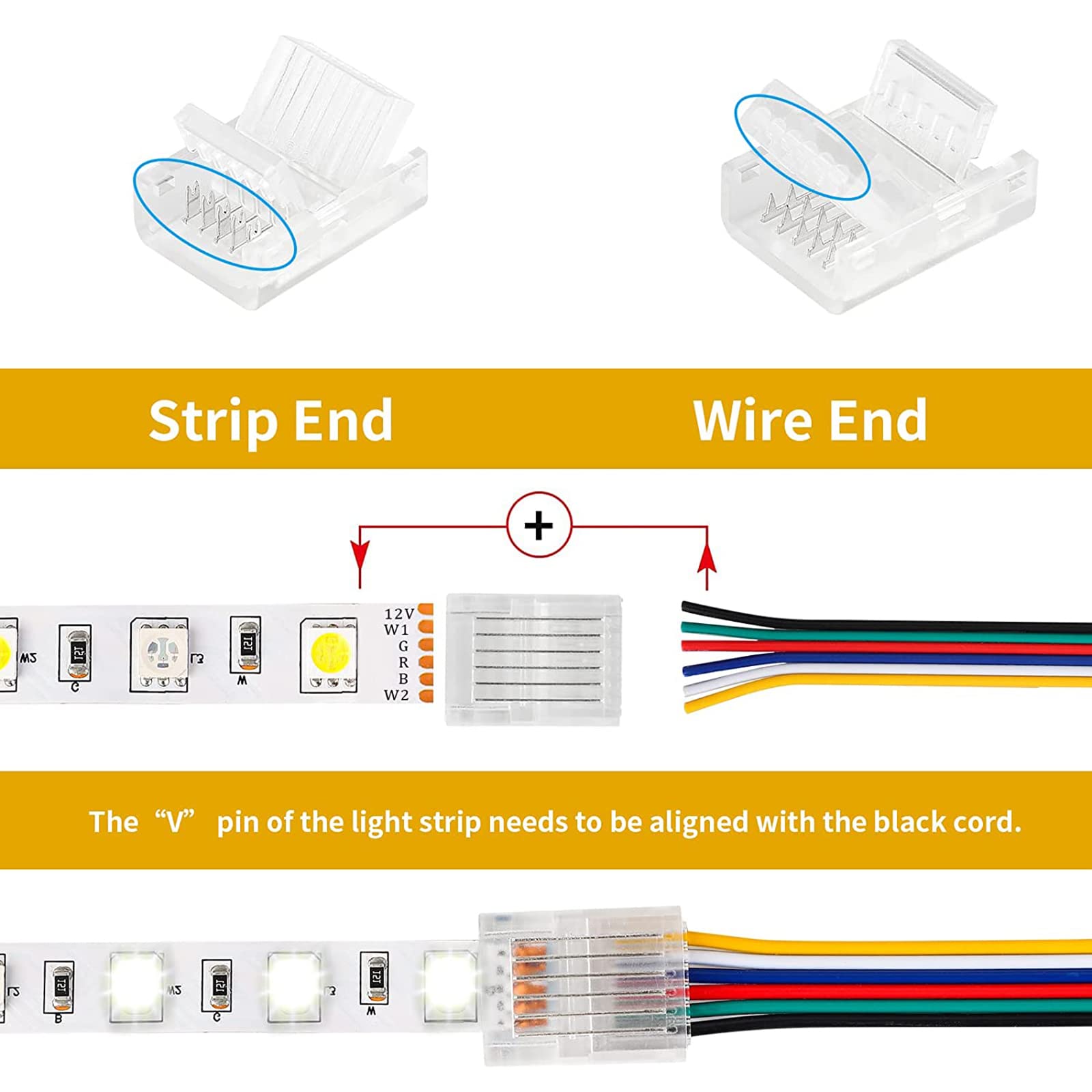 HOMELYLIFE 6 Pin 12mm LED Strip Connectors Transparent Solderless 10 Pack with 16.4ft Extension Cable 6 Conductor for Waterproof or Non-Waterproof LED Strip Lights