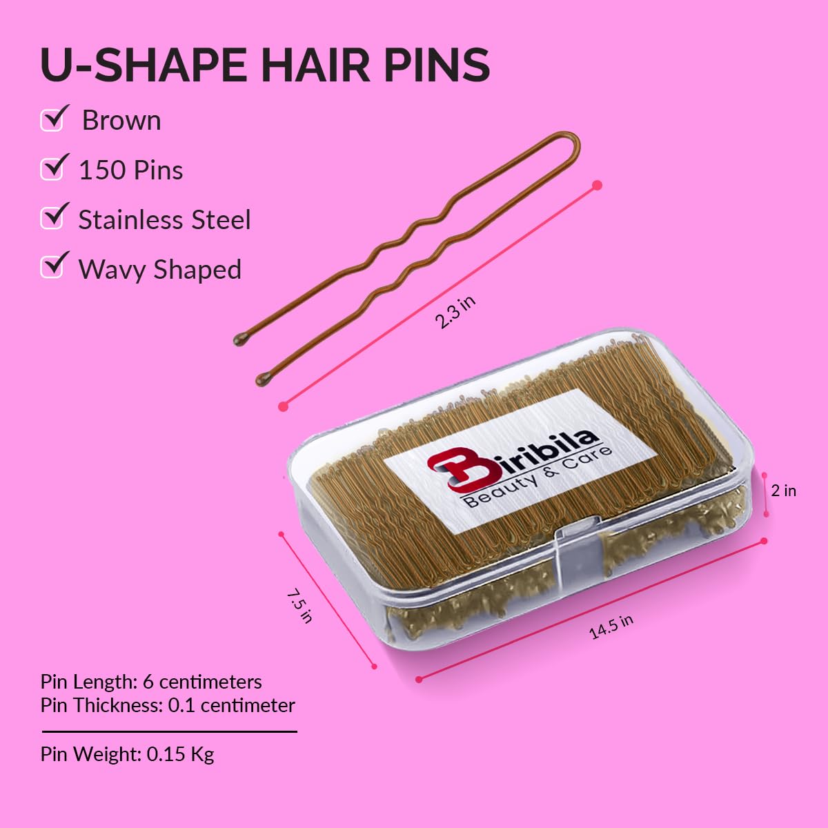 Biribila 150 PCS - U Shaped Hair Pins For Buns, 6 cm - Wavy Design Buns Bobby Pins, Bun Pins For All Hair Types (Brown)