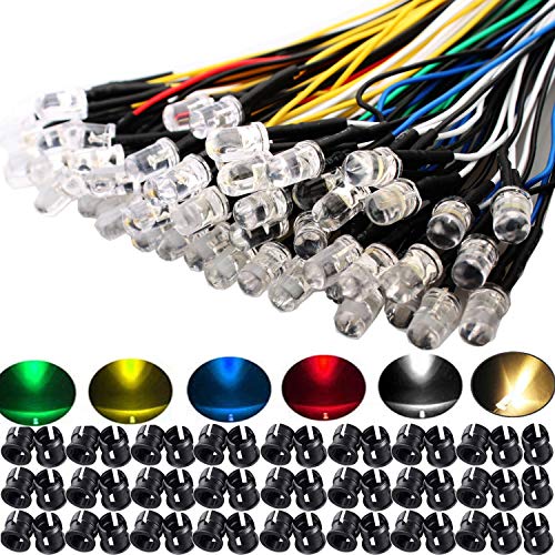 RUNCCI-YUN 60Pcs 5mm Pre Wired LED Diodes Light Ultra Bright -White Warm White Red Blue Green Yellow (10PCS X 6 Colors) and 60Pcs 5mm Plastic LED Holder LED Light Mounting Holders