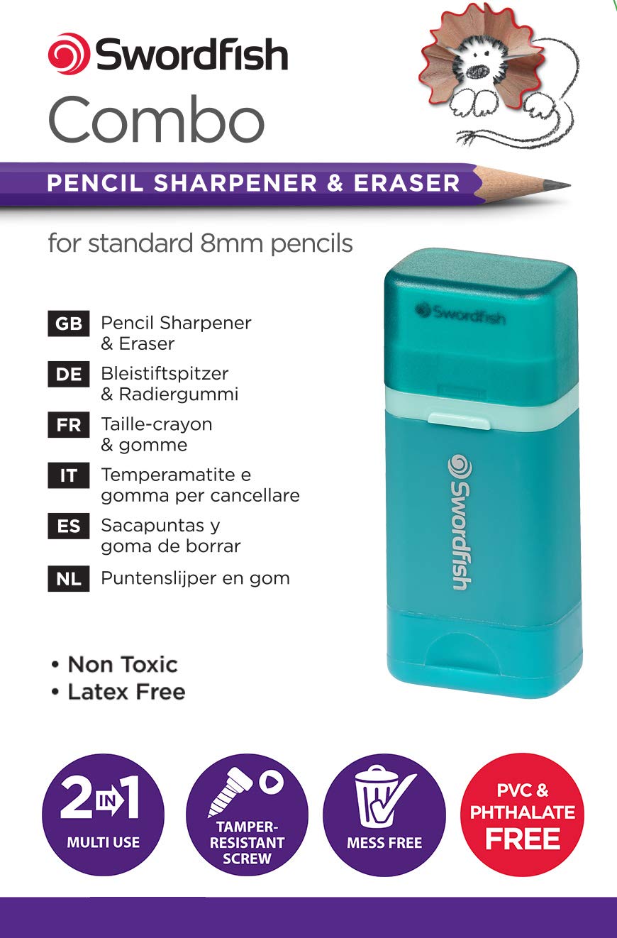 Swordfish Combo Pencil Sharpener with Mess-Free Canister and Eraser [Pack of 1] Turquoise [40294]