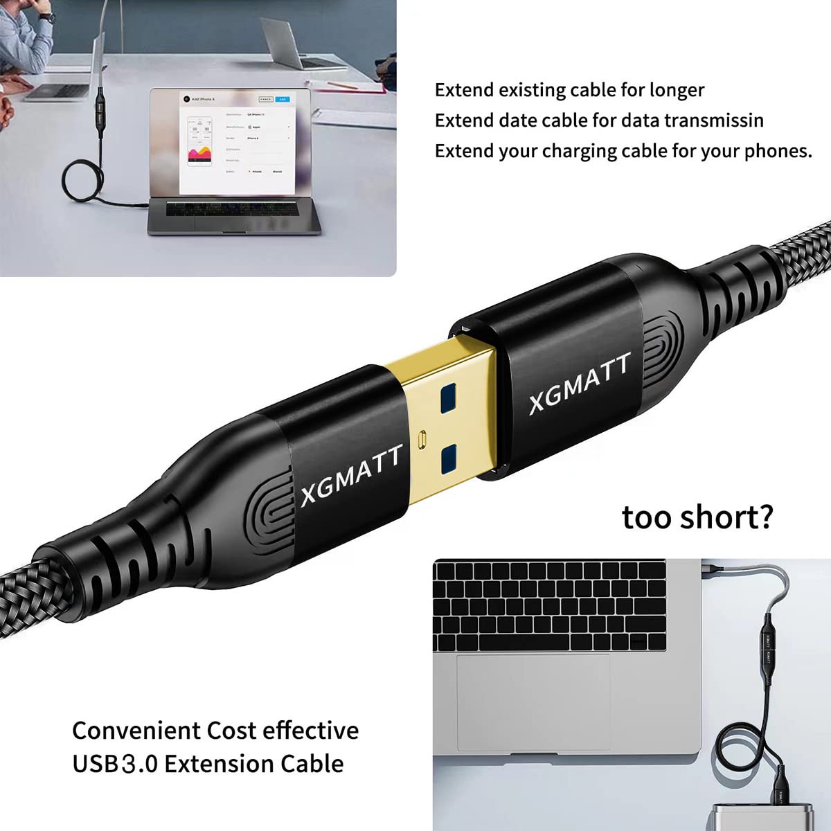 XGMATT USB 3.0 Extension Cable 0.5M-2pack,USB Type A Male to Female 5Gbps Data Sync USB Extender Cord Compatible with Printer, Scanner, Keyboard,HTC Vive,Card Reader,Camera, Oculus Rift,PS VR,Black