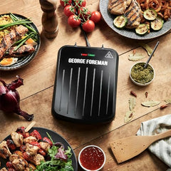 George Foreman Small Electric Fit Grill [Non stick, Healthy, Griddle, Toastie, Hot plate, Panini, BBQ, Energy saving, Vertical storage, Easy clean, Drip tray, Ready to cook light] Black, 760W 25800