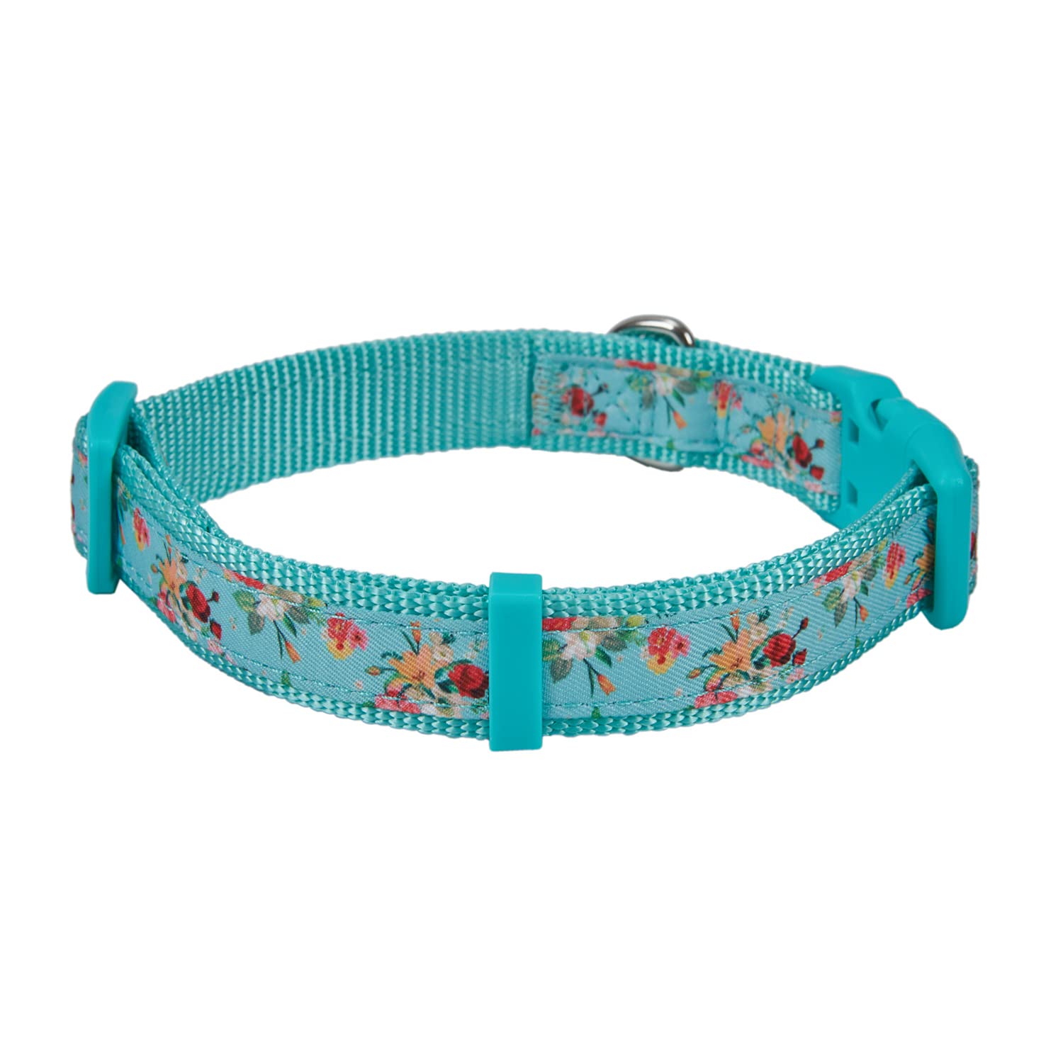 YUDOTE Dog Collar Large Soft Strong Nylon with Floral Printed Ribbon Adjustable for Active Canines Neck 40-66cm,Turquoise Color