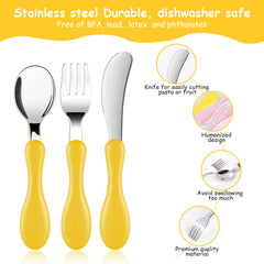 Vicloon Baby Fork and Spoon, 6 PCS Toddler Utensils Spoons Forks Tableware Set, Toddler Utensils Stainless Steel Baby Forks and Spoons, Baby Feeding Cutlery Utensil Weaning Spoon for Kids（Yellow/Pink）