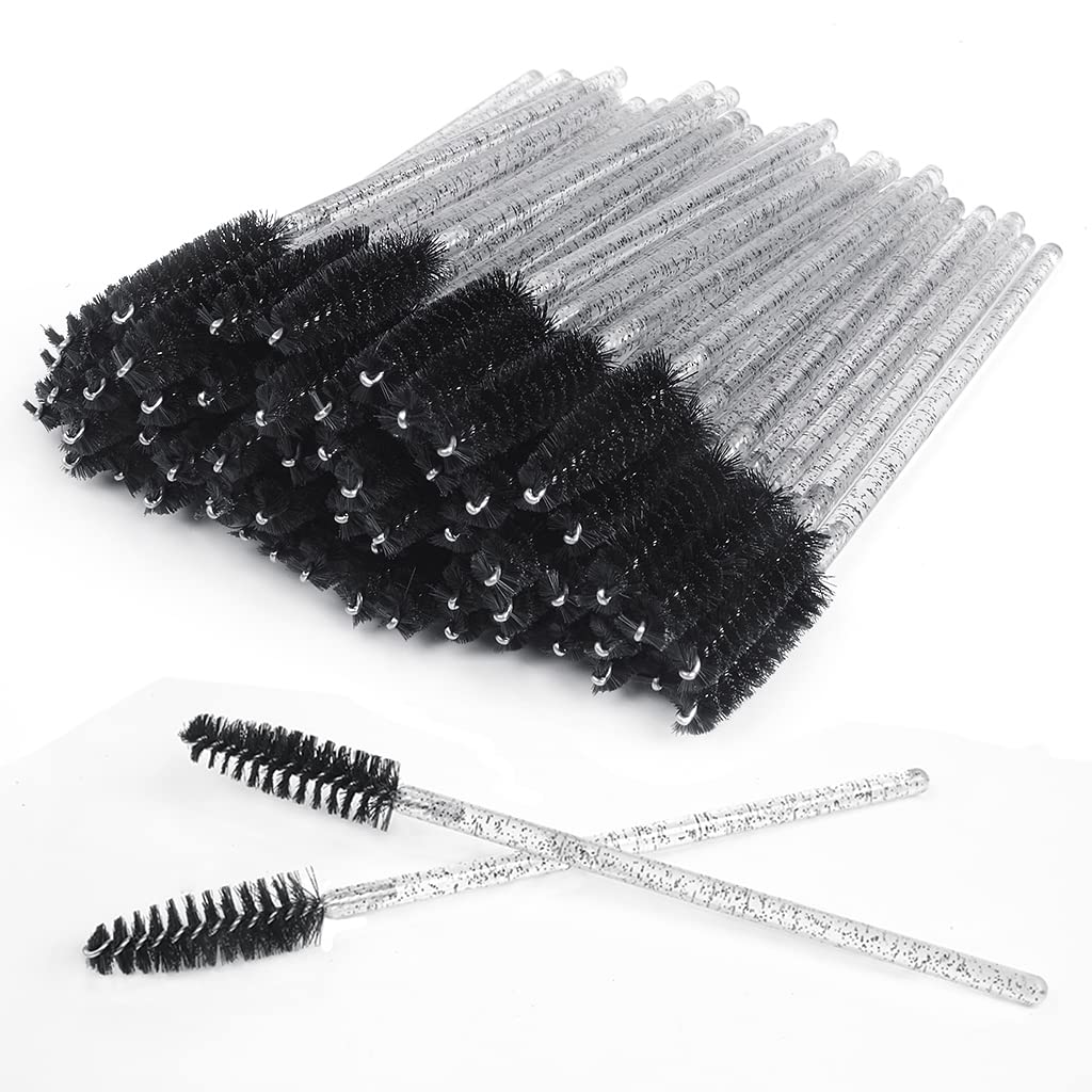 SWKJ 60 PCS Disposable Eyelash Brushes, Eyebrow Spoolies, Mascara Wands Applicator Lash Brushes Castor Oil Brush Cosmetic Makeup Tools(Crystal-black)