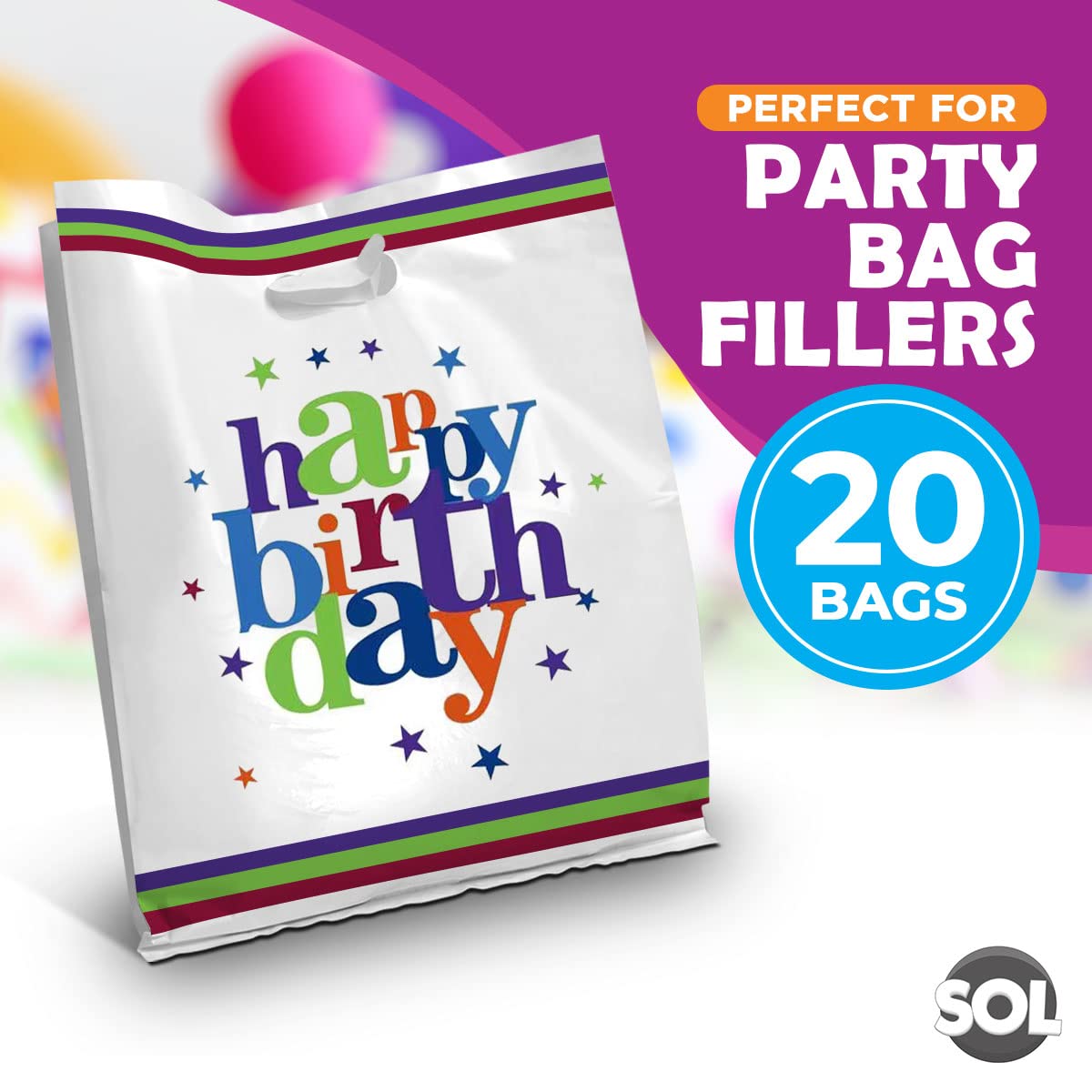 SOL 20 Happy Birthday Party Bags   Plastic Party Bags for Kids Party Bags   Sweet Bags Cellophane Bags Kids Party Treat Bags, Goody Bags & Loot Bags, Gift Bags Birthday Girl Party Bags Kids Party Bag