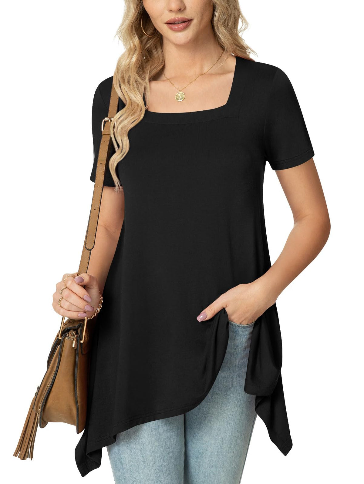 POPYOUNG Womens Casual Tunic Tops Short Sleeve Ladies Longline Tunic Blouse Shirts Square Neck Dress Floaty Long Tops to wear with Leggings M,Black