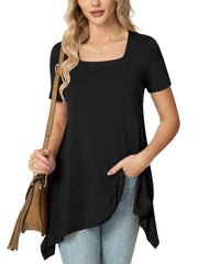 POPYOUNG Womens Casual Tunic Tops Short Sleeve Ladies Longline Tunic Blouse Shirts Square Neck Dress Floaty Long Tops to wear with Leggings M,Black