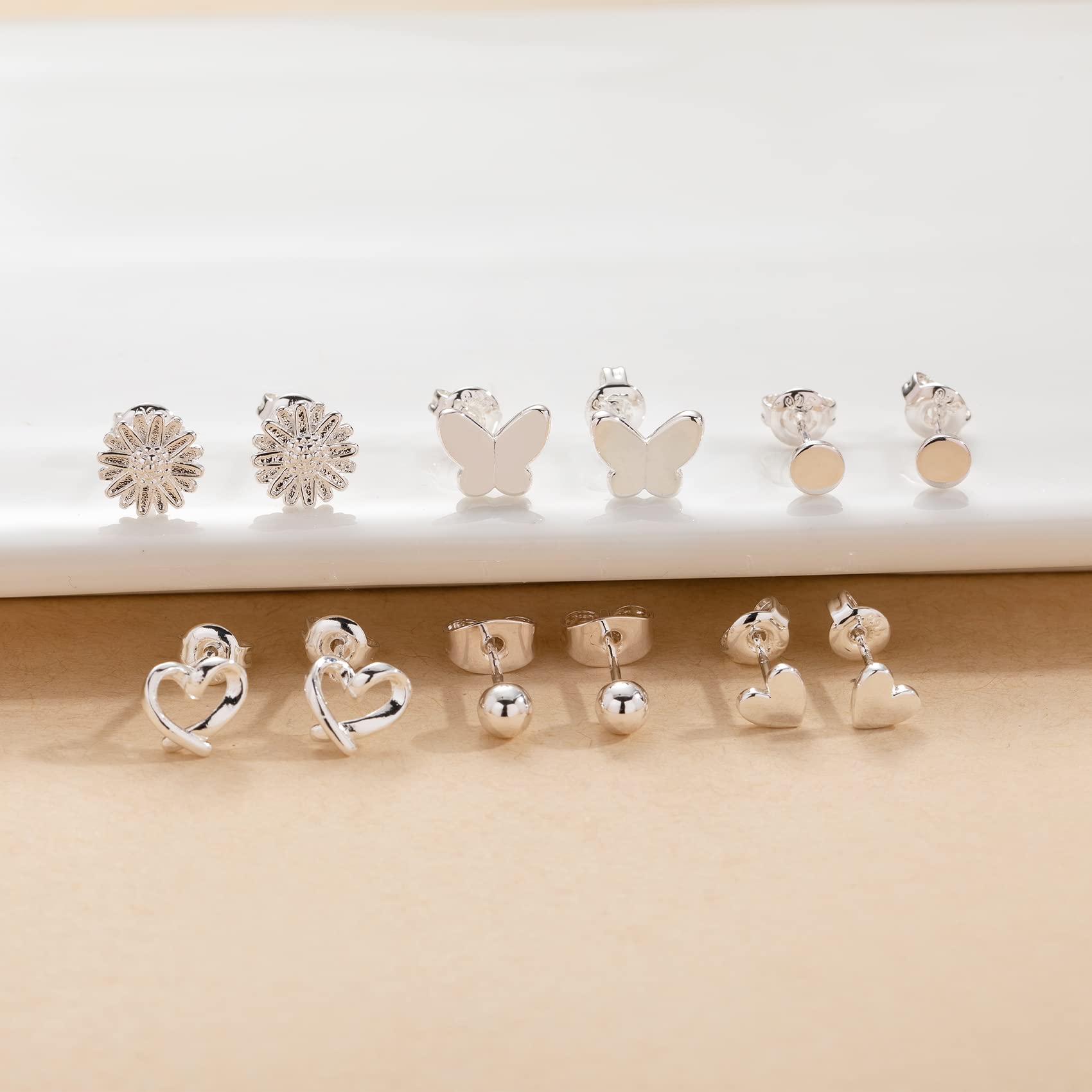 6Pairs Silver Studs Earrings for Women Sterling Silver Stud Earrings 6Pairs Silver Studs Earrings for Women Star Moon Ball Heart Studs Earrings Sets for Teens Girls Gifts with Boxs