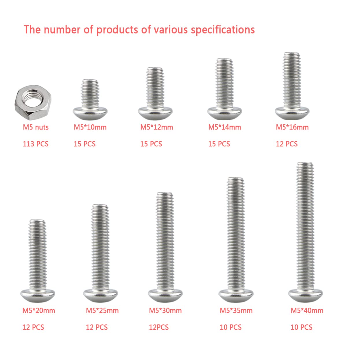 Bolts and Nuts Set, Hex Head M5 Stainless Steel Machine Screws and Round Head Hexagon Socket Bolts Assortment(10/12/14/16/20/25/30/35/40mm) (M5, Silver)