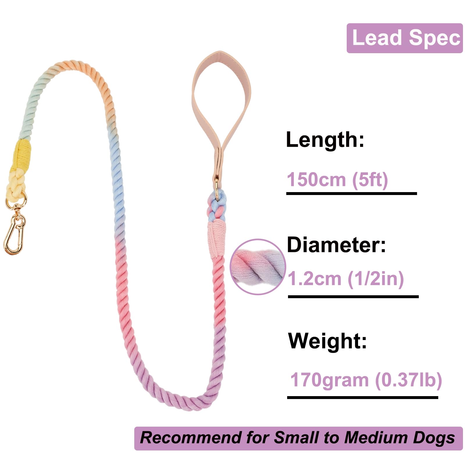 YUDOTE Cotton Rope Dog Collar and Lead Matching Set Colorful Hand-dyed Ombré Leash for Medium Dogs Daily Use,Macaroon Colors