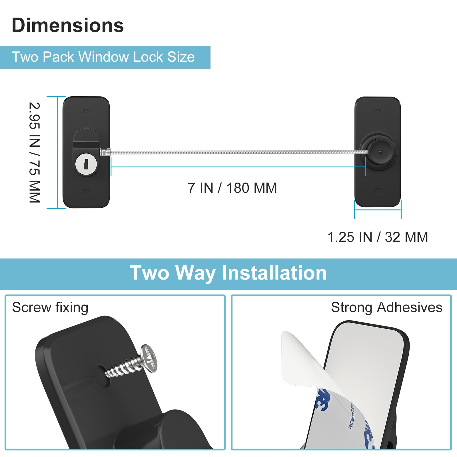 Window Safety Lock Black AOSITE 2 Packs Versatile Window Restrictor Self Adhesive for UPVC No Drilling Window Locks, Refrigerator Lock with Key Child Pet Child Safety Cable Lock for Childproof