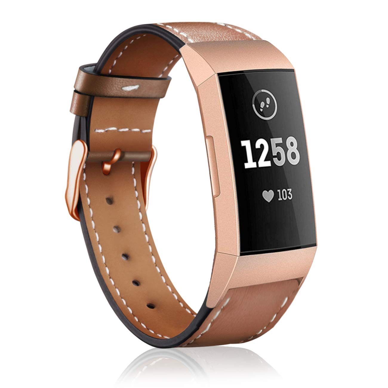 Mornex Strap Compatible Fitbit Charge 3 Strap/Charge 3 SE Leather Band, Classic Adjustable Replacement Wristband Fitness Accessories Metal Connectors,Rose Gold-Brown