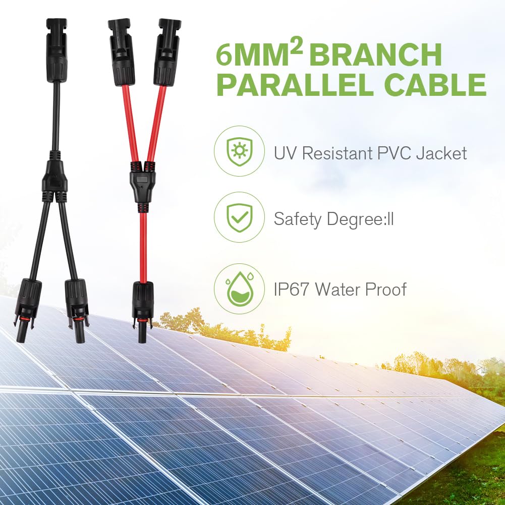 URAQT Solar Cable Y-Splitter (1 to 2), 2 Pcs 6mm² Solar PV Parallel Adapter Y Cable Connector, Solar Panel Extension Cable MMFandFFM for Parallel Photovoltaic Connection, Solar Panel Charging