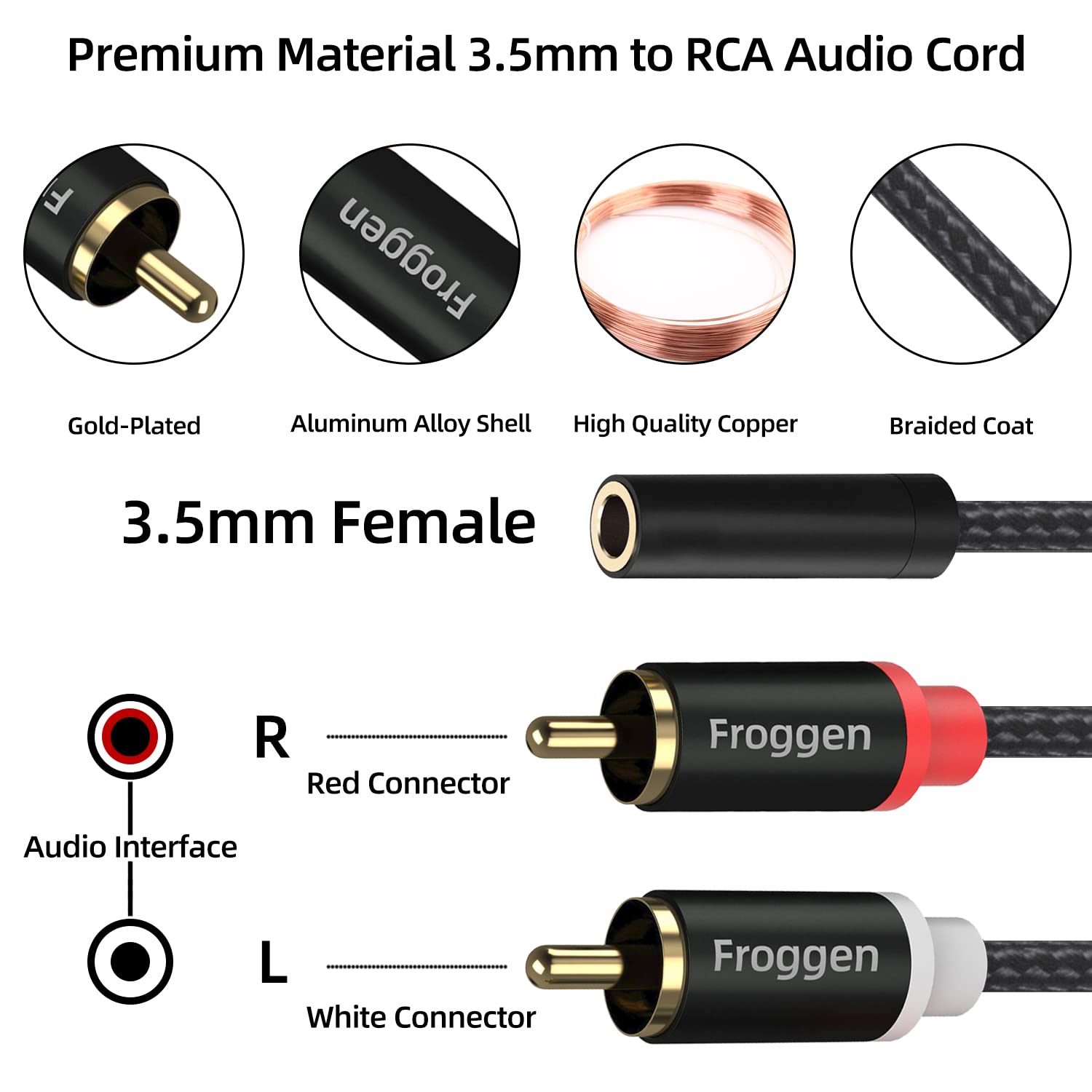 Froggen RCA to 3.5mm Adapter 2 Phono Male to Female Mini Jack Cable Y Splitter Connector Headphone Stereo Audio Lead Compatible with iPhone Tablet Soundbar Hi-Fi Speaker Amplifier Car Turntable Mixer