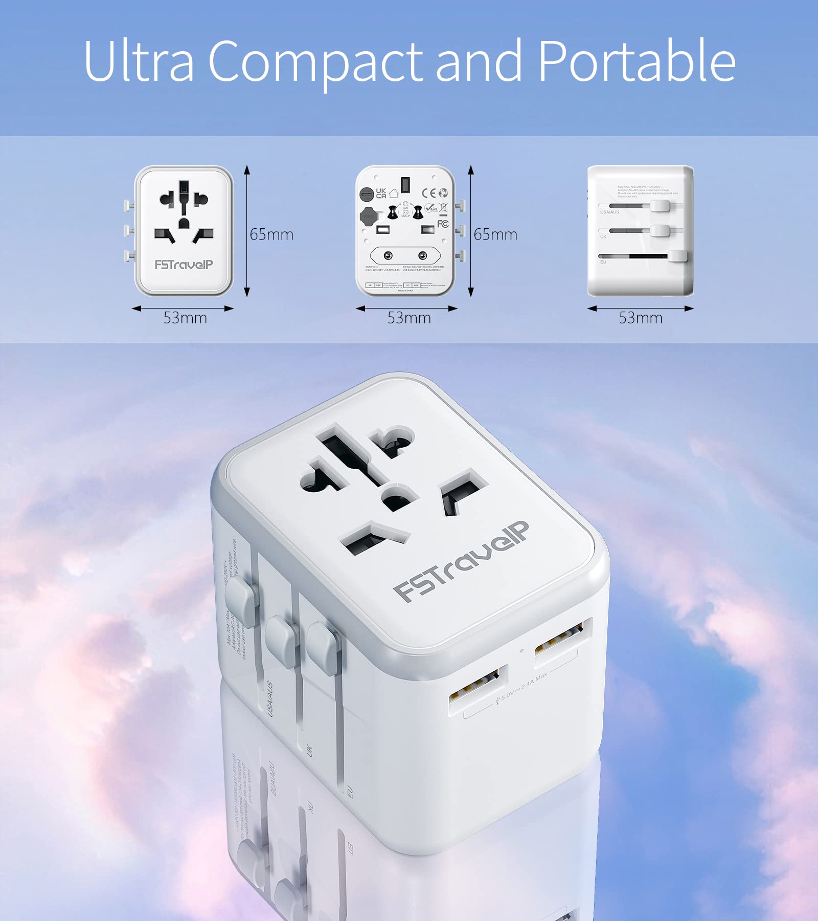 Worldwide Travel Plug Adapter, FSTravelP Universal with 2 USB International AC Socket Dual 10A Fuses, All In One Adapter for USA UK EU AU CN 150and Countries