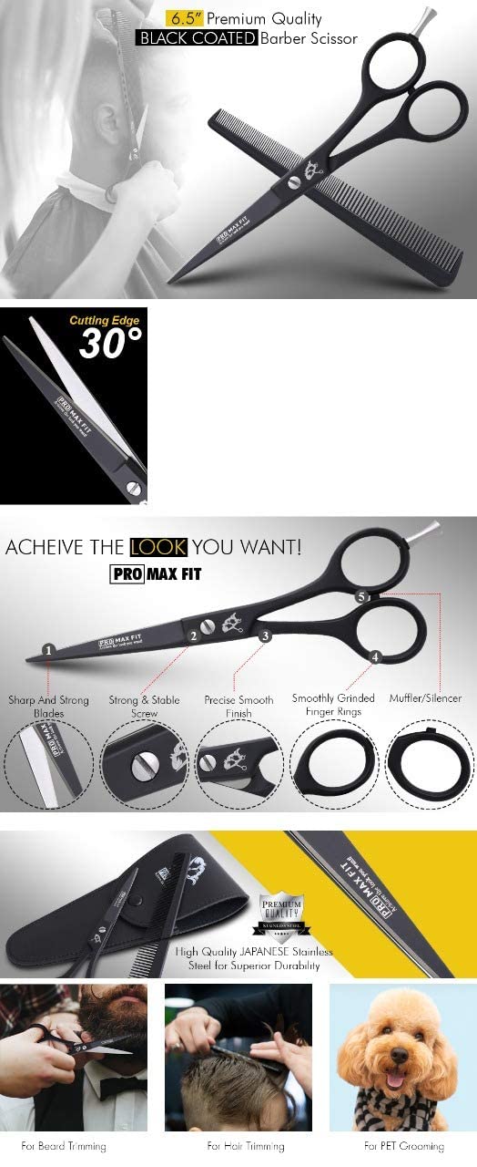 PromaxFit Hairdressing Scissors – Barber Scissors for Hair Cutting – Professional Hair Scissors with Adjustable Screws – Black Stainless Steel Hair Cutting Scissor – Hairdressing scizzors with Comb