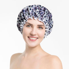 HieerBus Shower Cap,Reusable Bath Shower Caps,Oversized Double Layer Waterproof Bathing Shower Hat Hair Protector with PEVA Lining & Elastic Band Stretch Hem Hair Hat for Women Men (Daisy-Navy blue)