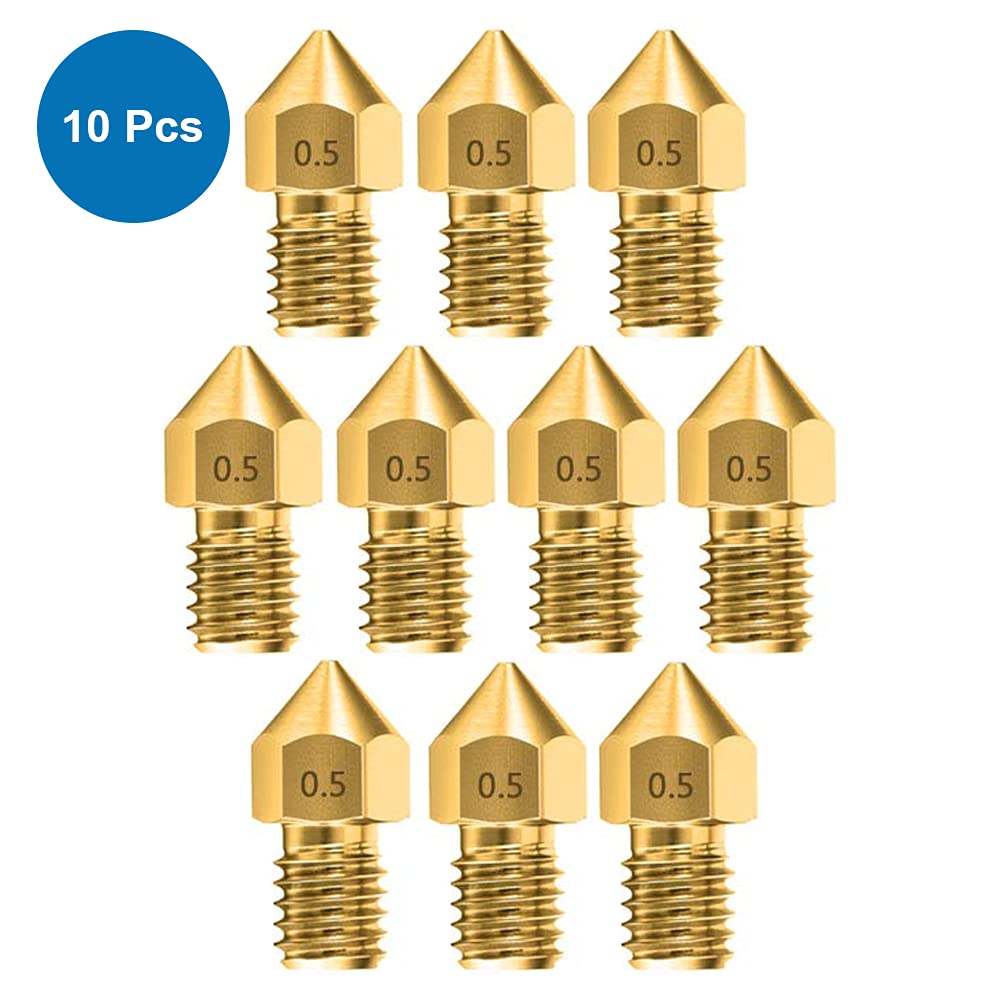 MMOBIEL 10 Pcs 0.5mm Brass MK8 3D Printer Nozzles Extruder Compatible With Creality Ender 3 Series, Ender 5 Series, CR-10/10S, Makerbot, Incl. 3 Cleaning Needles and Wrench