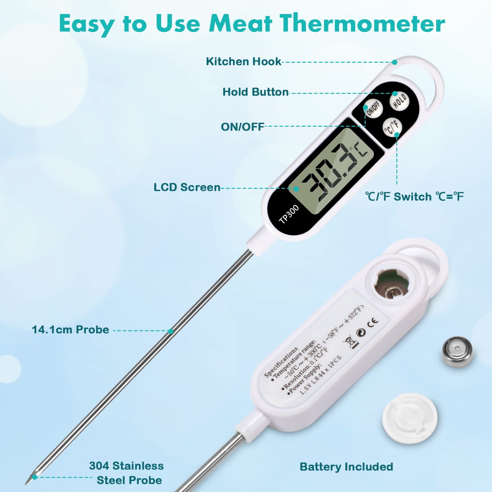 Allinone-Kitchen Meat Thermometer,Digital Instant Read Kitchen Cooking Temperature Long Food Probe with Large LCD Screen℉/℃ Button for Hot Beverage,Grill,BBQ,Jam,Water,Milk,Battery Included