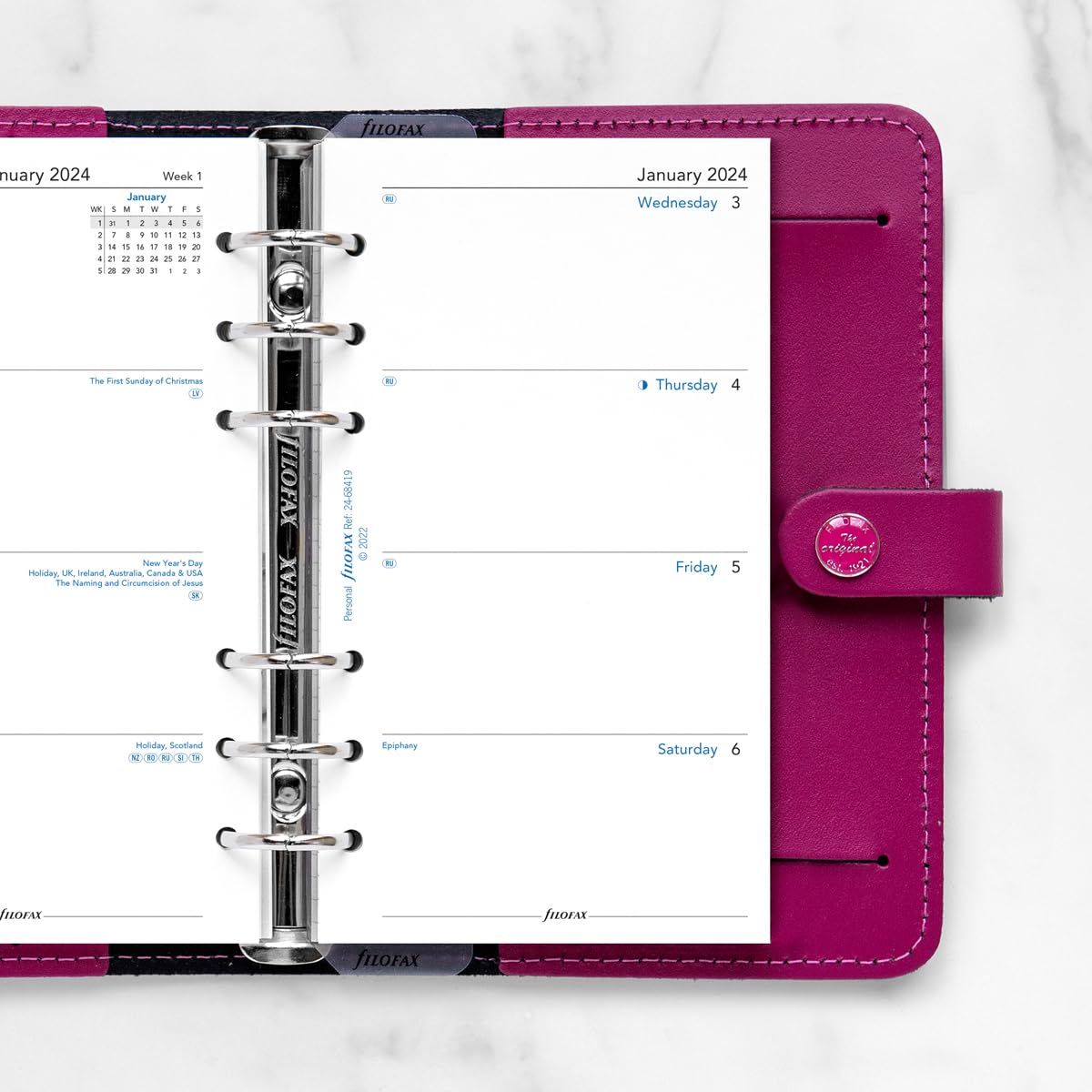 Filofax Personal week on two pages English Sunday start 2024 diary, White